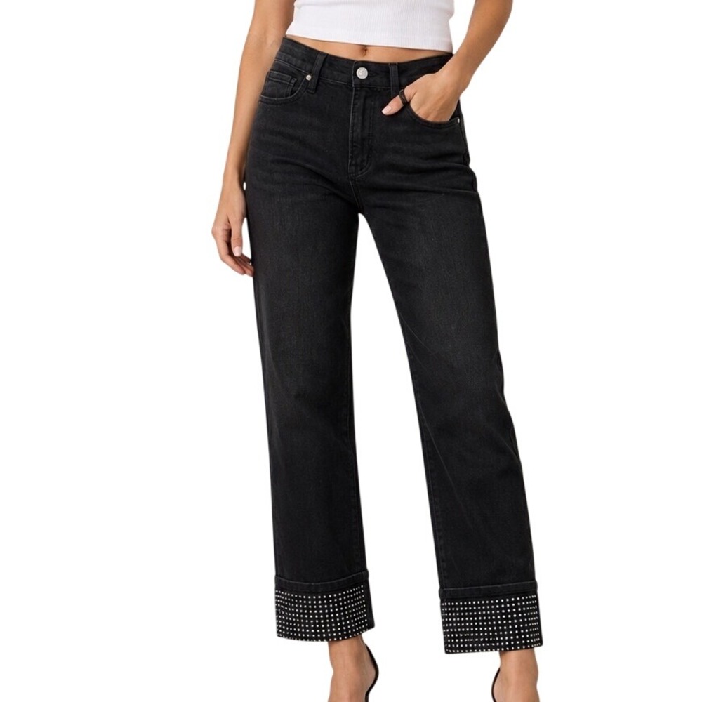 Flying Monkey Rhinestone Studded Hem Jeans Cuffed Blk 28  Mid Rise Slim Wide Leg